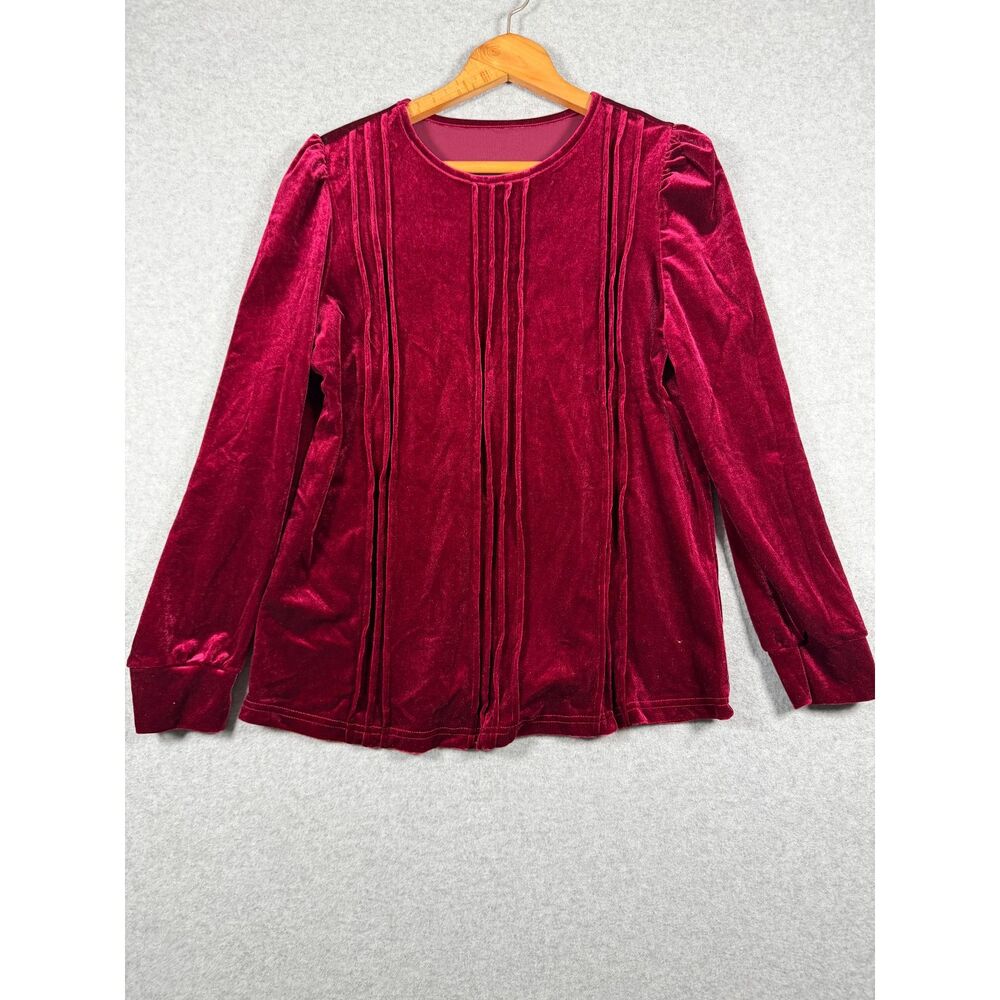 Women's M Burgundy Velvet Pintuck Long Sleeve Holiday Blouse Top 0708